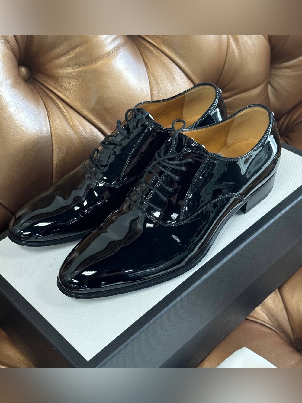 Gucci Worsh Patent Leather Derby Dress Black Made in Italy Shoes Oxfords SZ 6.00